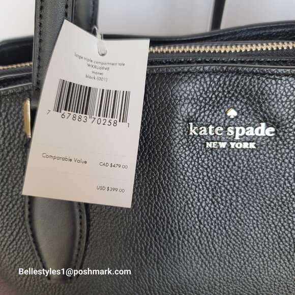 KATE SPADE Monet Triple Compartment Pebbled Leather Large Tote - Black color 🎈 - Picture 16 of 16